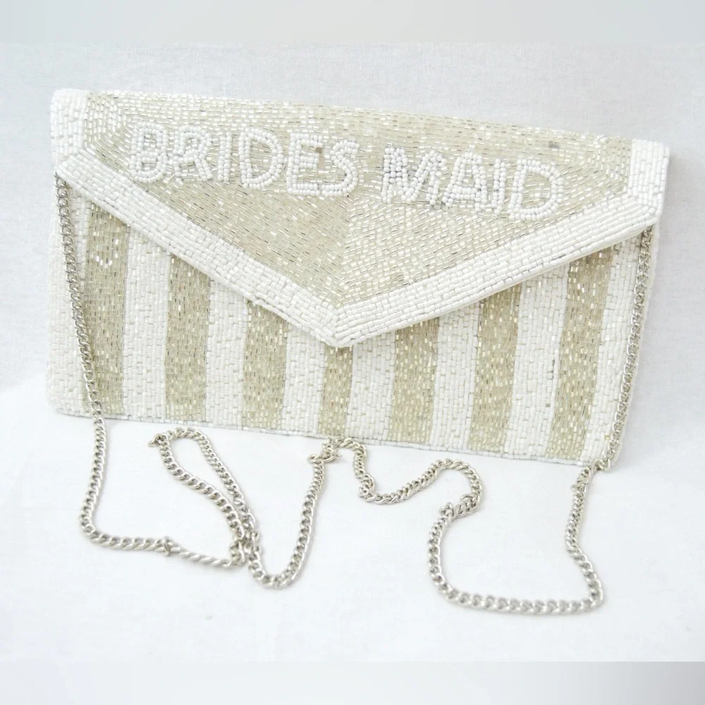Bridesmaid Silver & White Beaded Clutch for Bridesmaid Proposal, Bride, Wedding - Picture 4 of 6